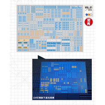 プラモデル通用 Vol.01/005 A5サイズ高精度蛍光水転写式デカール ブラックライト発光